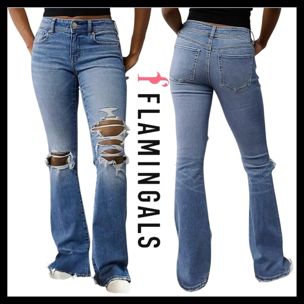 Flamingals Bell Bottom Flared Mid Rise Distressed Denim Jeans Size (M) NEW